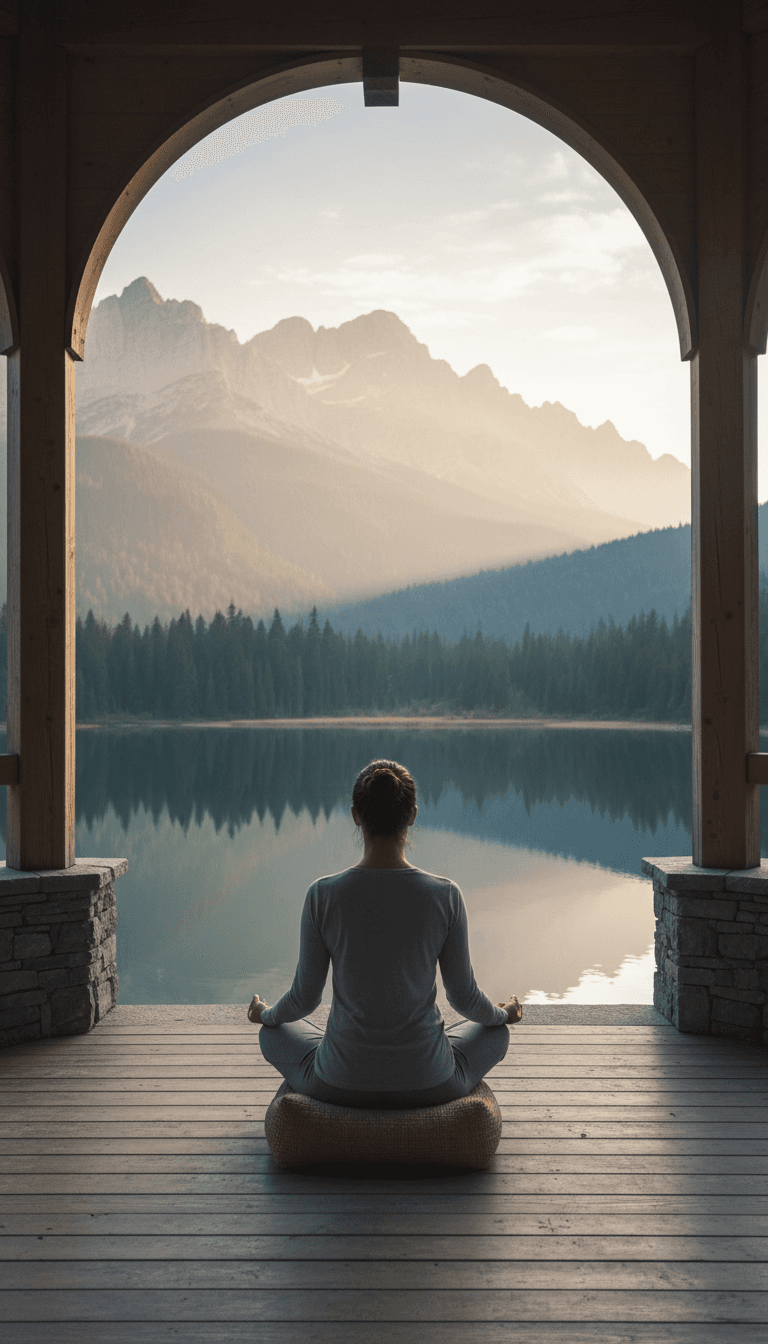 Solitary meditator sitting peacefully on terrace overlooking expansive natural landscape at sunrise